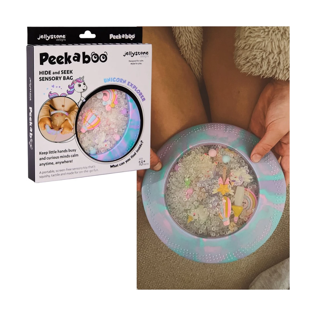 JELLYSTONE DESIGNS Jellystone Sensoryczny dysk z figurkami A-Ku-Ku! Peekaboo motyw Jednorożec | Pan Piksel