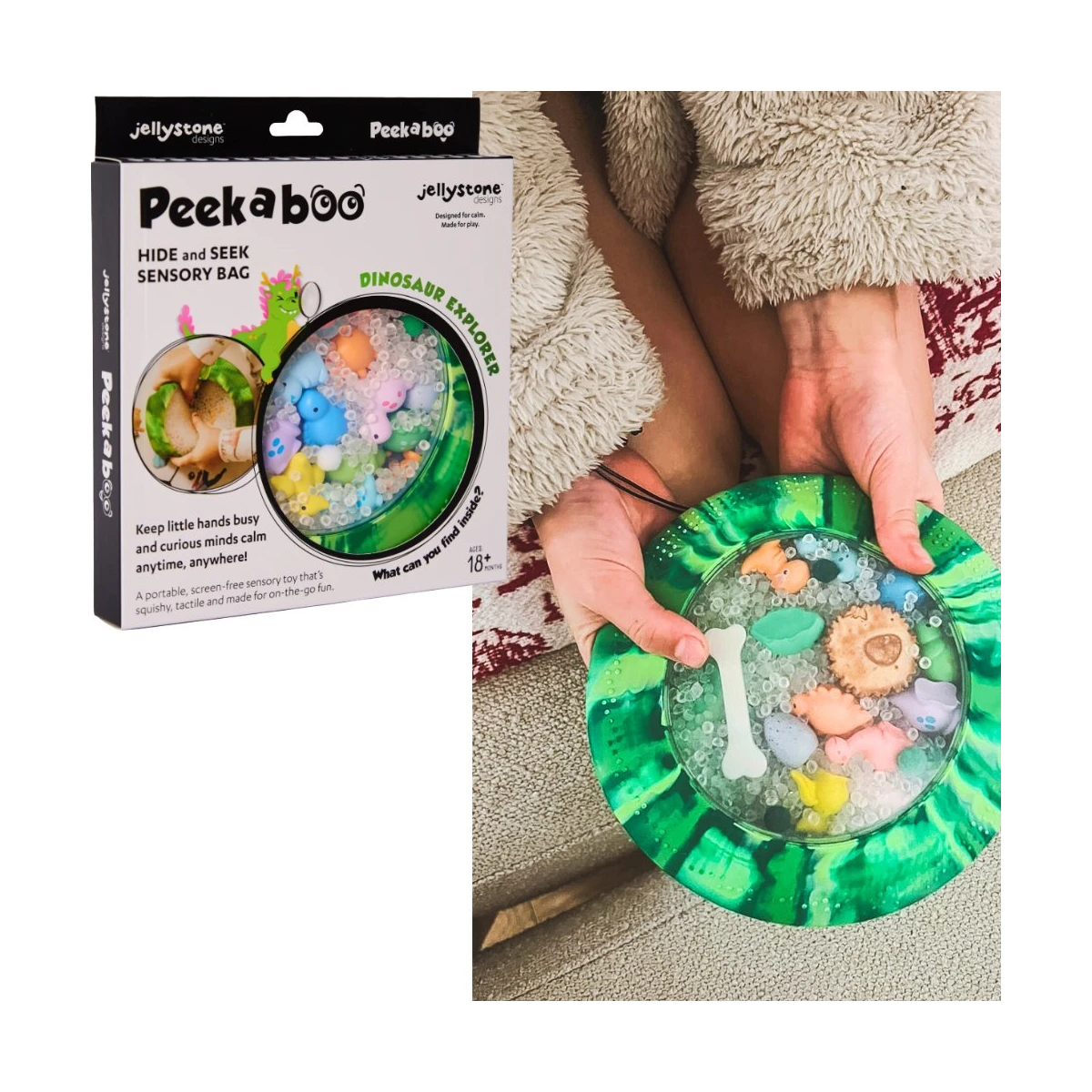 JELLYSTONE DESIGNS Jellystone Sensoryczny dysk z figurkami A-Ku-Ku! Peekaboo motyw Dinozaur | Pan Piksel