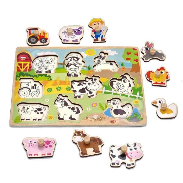 WOOPIE GREEN Drewniane Puzzle Montessori Farma z Pinezkami Do Dopasowania | Pan Piksel