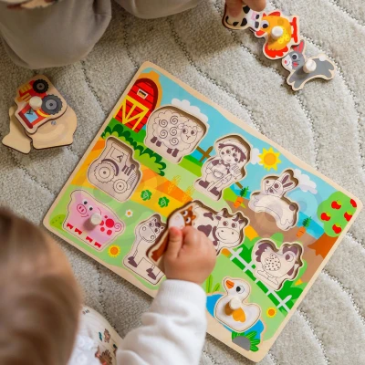 WOOPIE GREEN Drewniane Puzzle Montessori Farma z Pinezkami Do Dopasowania | Pan Piksel