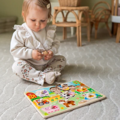 WOOPIE GREEN Drewniane Puzzle Montessori Farma z Pinezkami Do Dopasowania | Pan Piksel