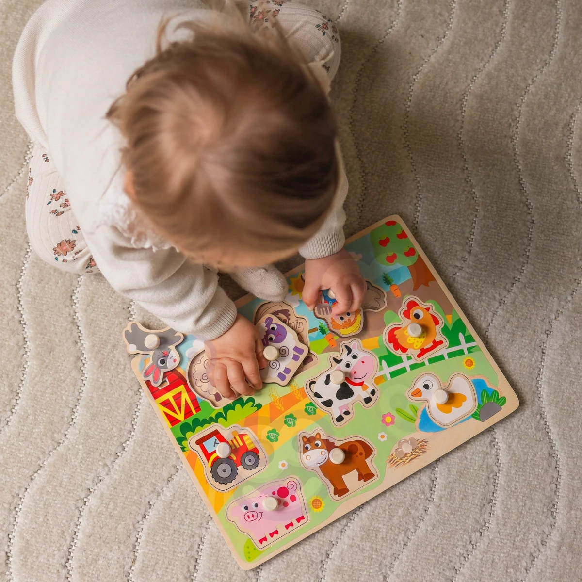 WOOPIE GREEN Drewniane Puzzle Montessori Farma z Pinezkami Do Dopasowania | Pan Piksel