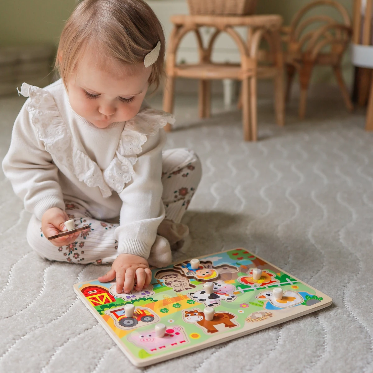 WOOPIE GREEN Drewniane Puzzle Montessori Farma z Pinezkami Do Dopasowania | Pan Piksel