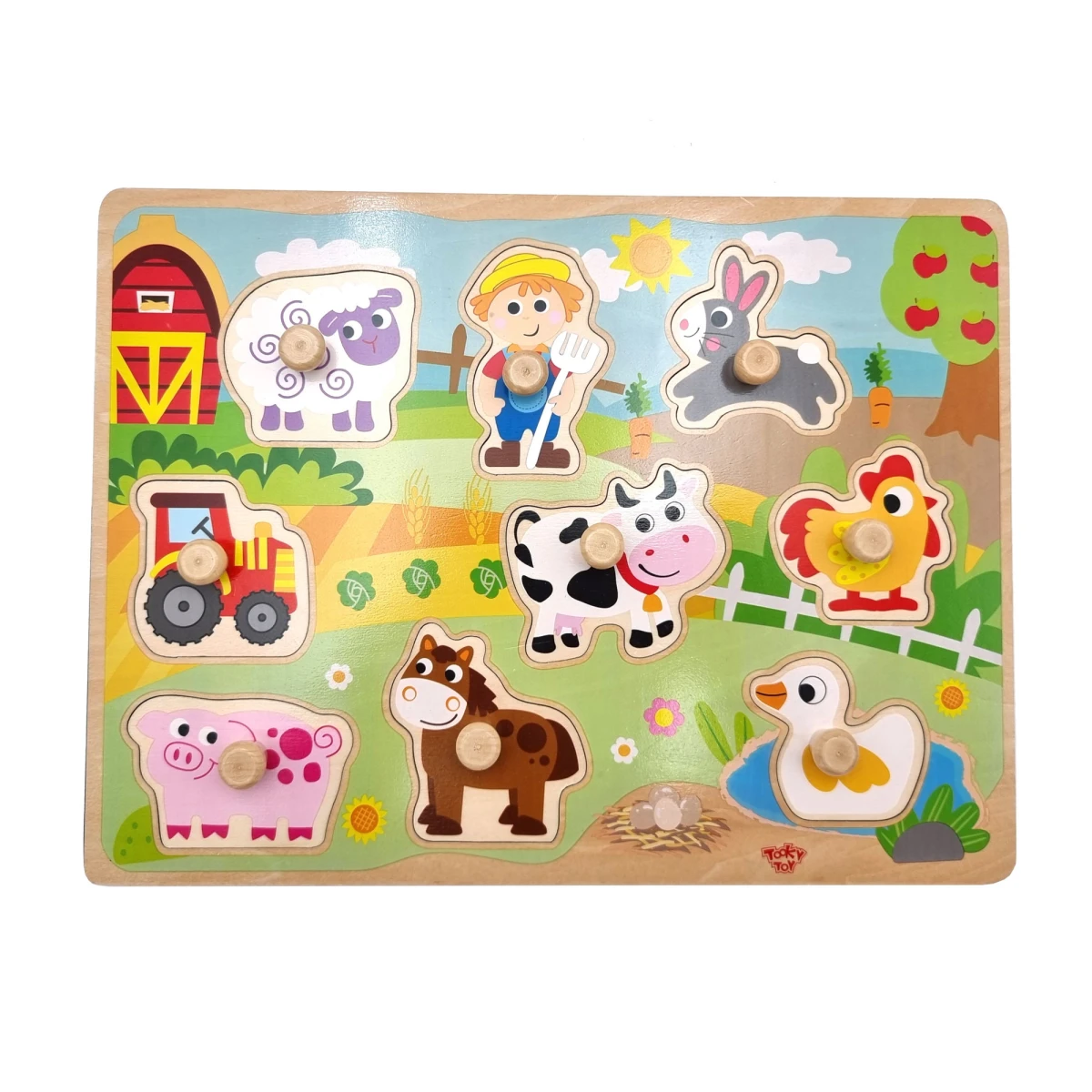 WOOPIE GREEN Drewniane Puzzle Montessori Farma z Pinezkami Do Dopasowania | Pan Piksel