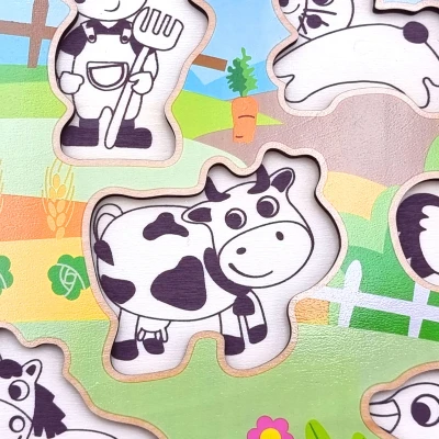 WOOPIE GREEN Drewniane Puzzle Montessori Farma z Pinezkami Do Dopasowania | Pan Piksel