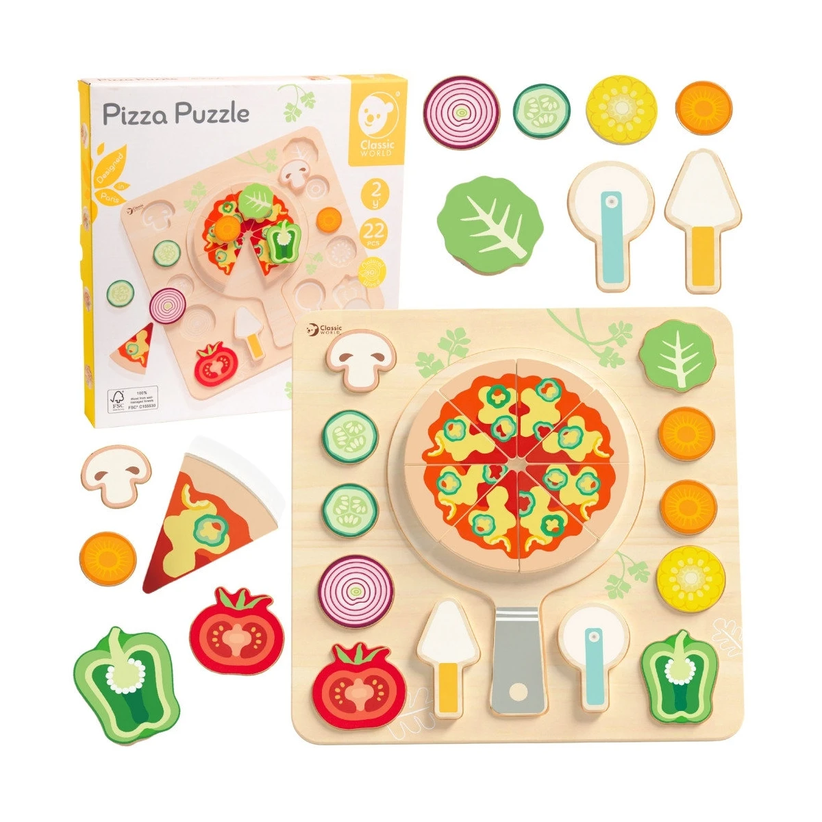 CLASSIC WORLD Drewniana Pizza do Krojenia Układanka Warzywa 22 el. | Pan Piksel