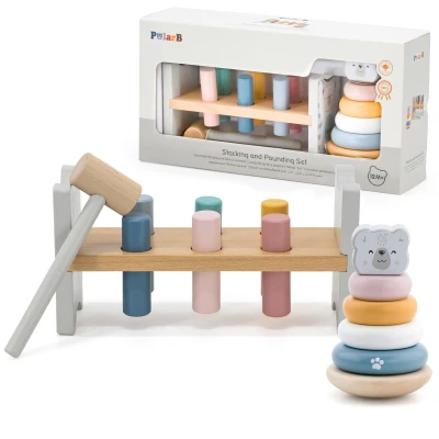 VIGA PolarB Zestaw Drewniana Piramidka + Przebijanka z Młoteczkiem Miś Polarny Montessori | Pan Piksel