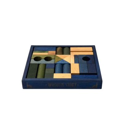 WOODEN STORY Drewniane Klocki w Niebieskiej Skrzynce – Barwa Zimna 30 Elementów | Pan Piksel