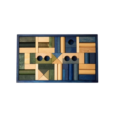 WOODEN STORY Drewniane Klocki w Niebieskiej Skrzynce – Barwa Ciepła 54 Elementy | Pan Piksel