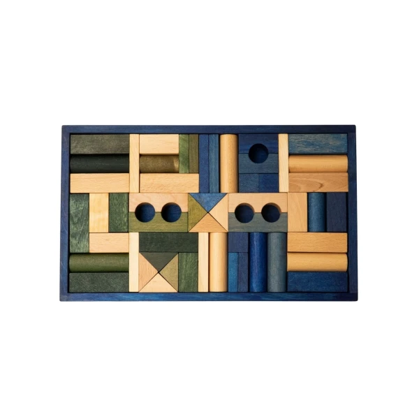 WOODEN STORY Drewniane Klocki w Niebieskiej Skrzynce – Barwa Ciepła 54 Elementy | Pan Piksel