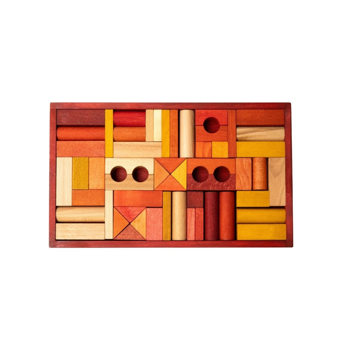 WOODEN STORYDrewniane Klocki w Czerwonej Skrzynce – Barwa Ciepła 54 Elementy | Pan Piksel