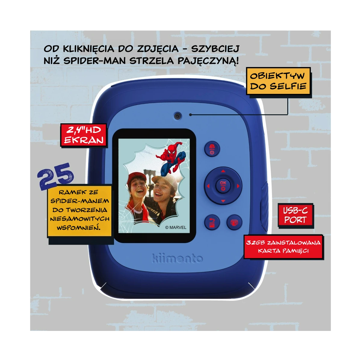 Kiimento. Aparat Natychmiastowy Print Pro z Drukarką. Spider-Man Marvel