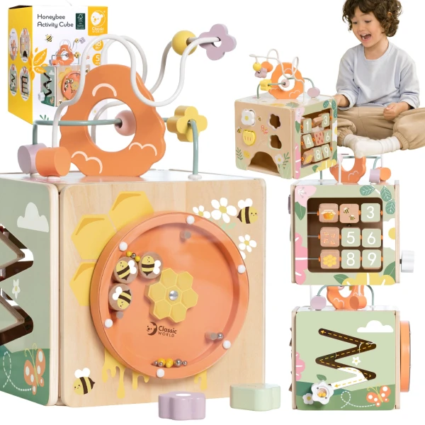 CLASSIC WORLD Drewniana Kostka Edukacyjna Sensoryczna 5w1 | Pan Piksel