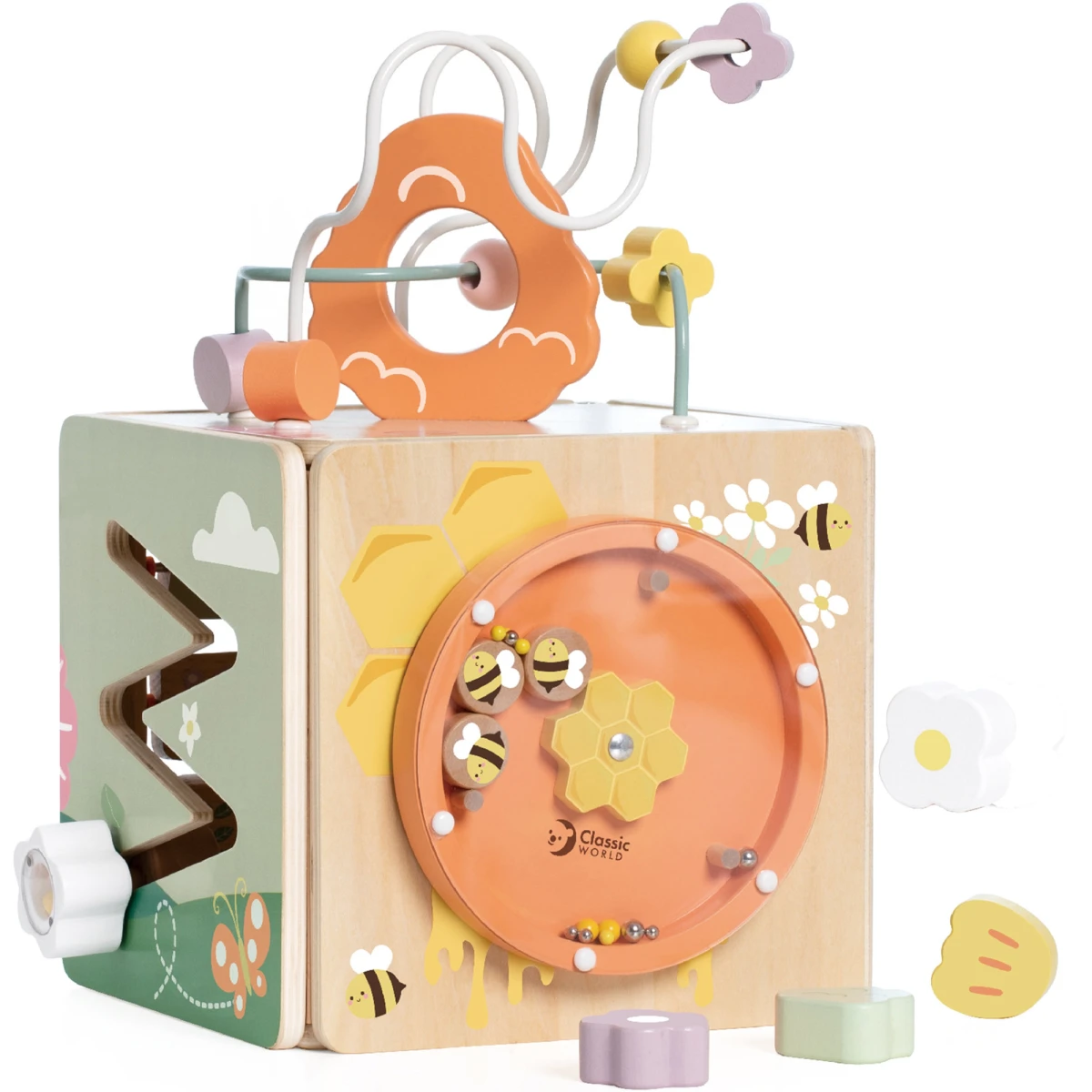 CLASSIC WORLD Drewniana Kostka Edukacyjna Sensoryczna 5w1 | Pan Piksel