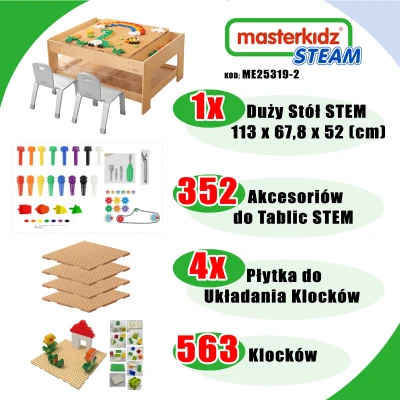MASTERKIDZ Drewniany Stół Edukacyjny + AKCESORIA STEM WALL + 563 Klocków | Pan Piksel