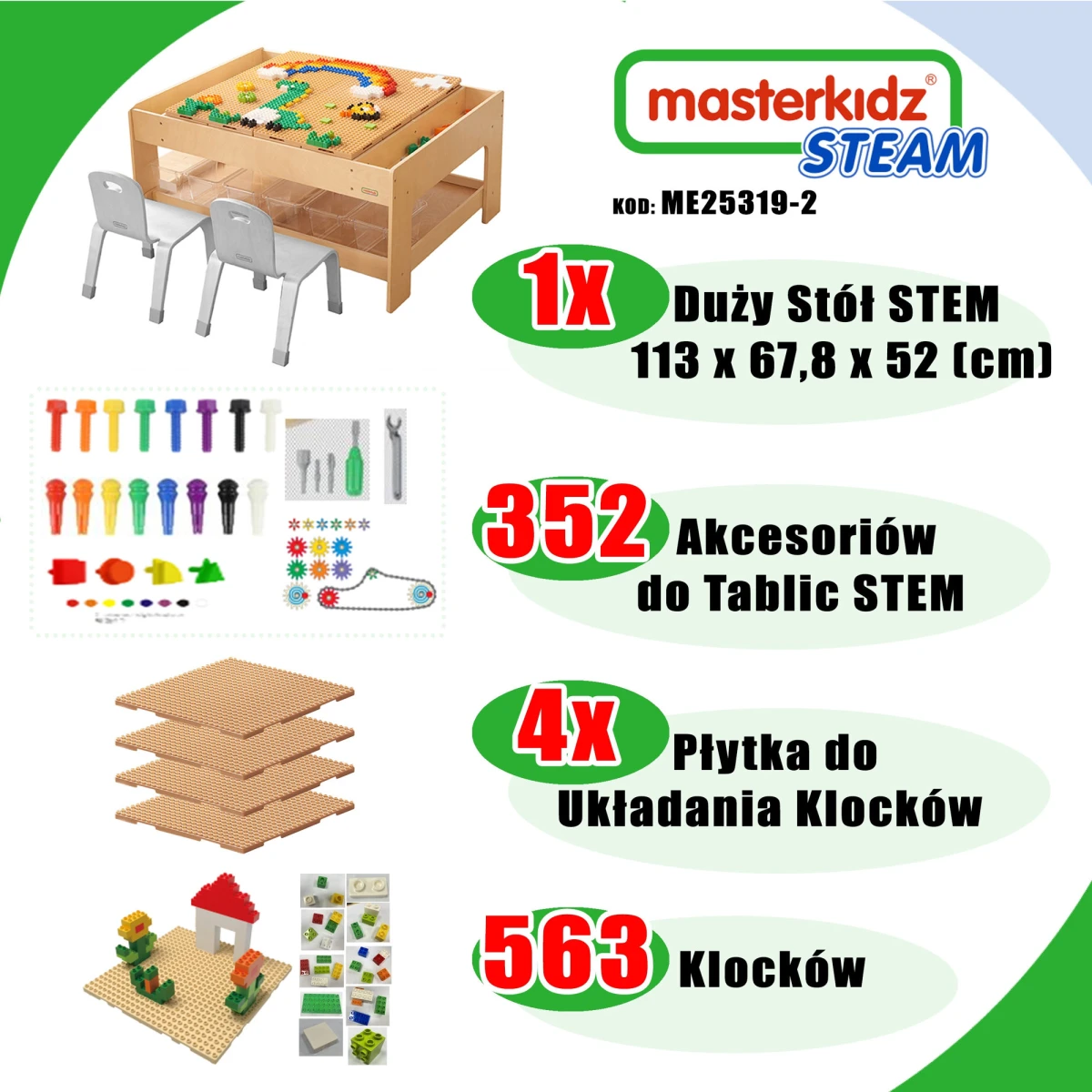 MASTERKIDZ Drewniany Stół Edukacyjny + AKCESORIA STEM WALL + 563 Klocków | Pan Piksel