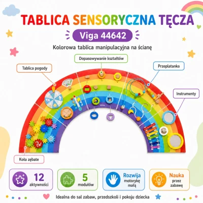 VIGA Drewniana Tablica Sensoryczno-Manipulacyjna EDU Tęcza Certyfikat FSC | Pan Piksel