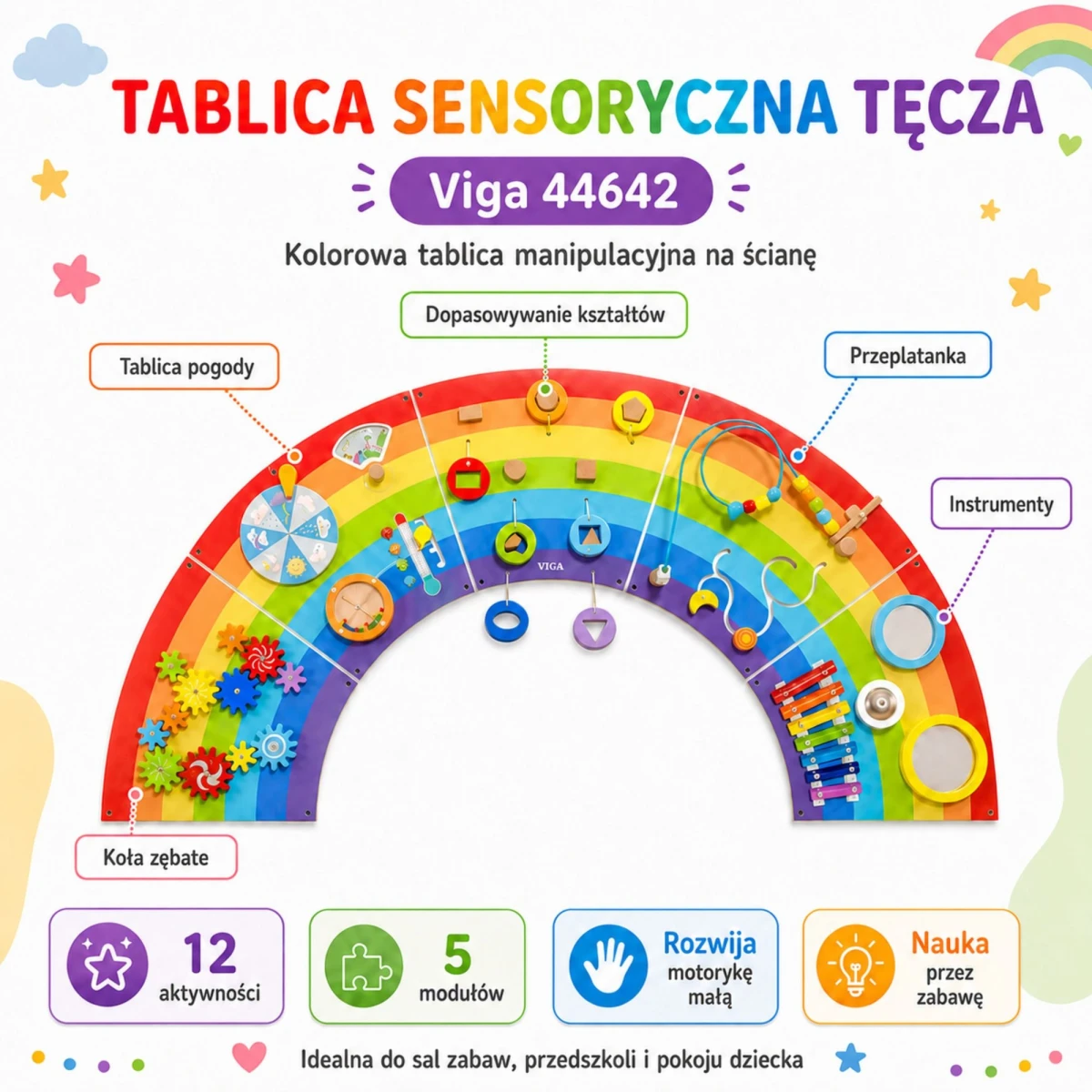 VIGA Drewniana Tablica Sensoryczno-Manipulacyjna EDU Tęcza Certyfikat FSC | Pan Piksel