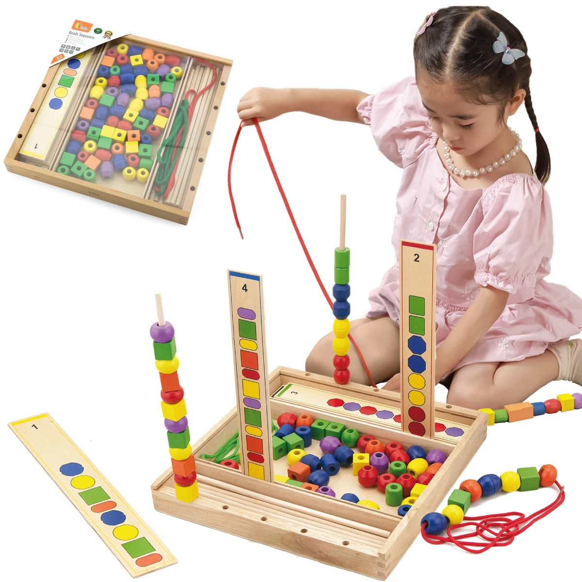 VIGA Drewniana Gra edukacyjna Logiczne koraliki  104 elementy Montessori | Pan Piksel