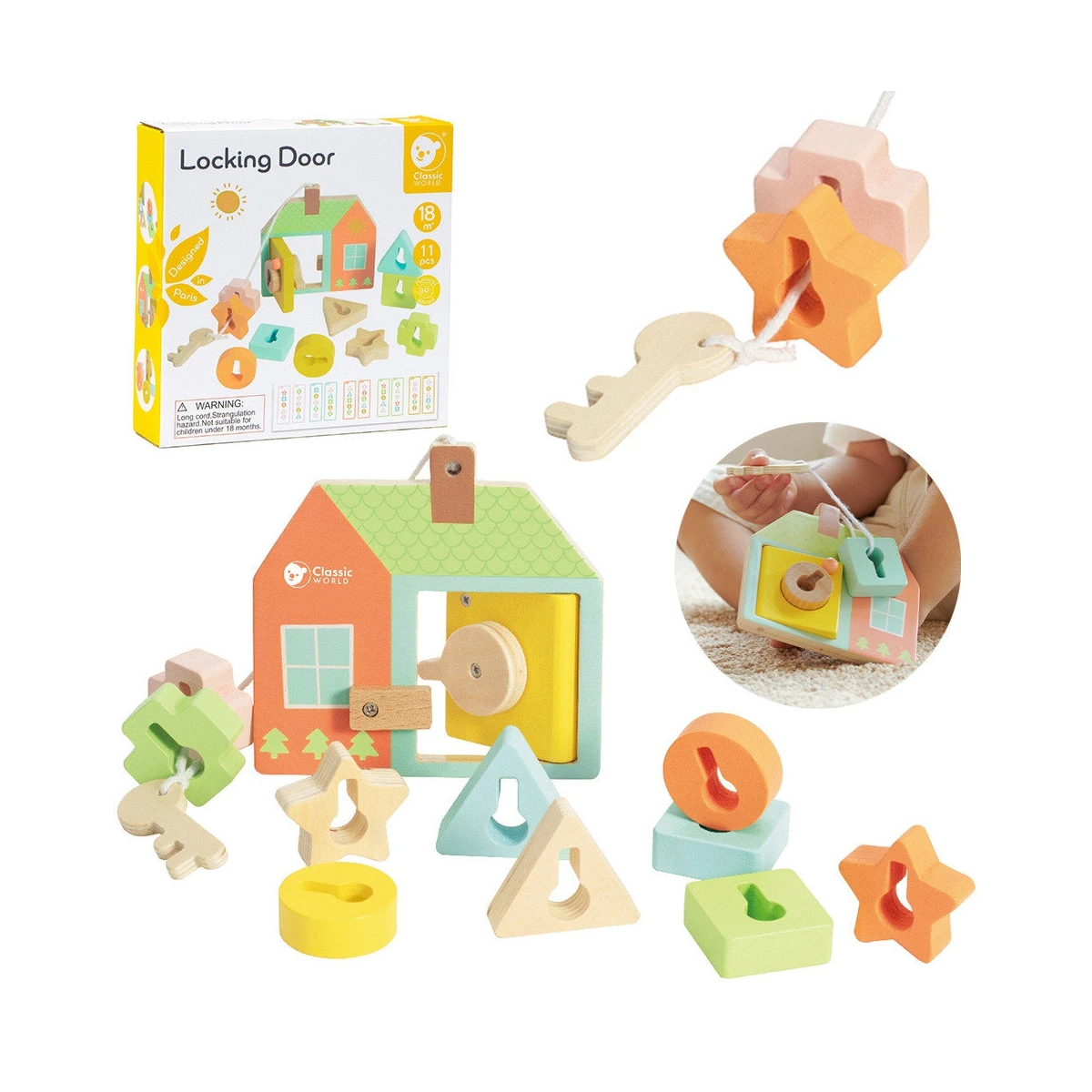 CLASSIC WORLD Drewniana Przeplatanka Klocki do Nawlekania Klucze i Drzwi MONTESSORI 11 el. | Pan Piksel