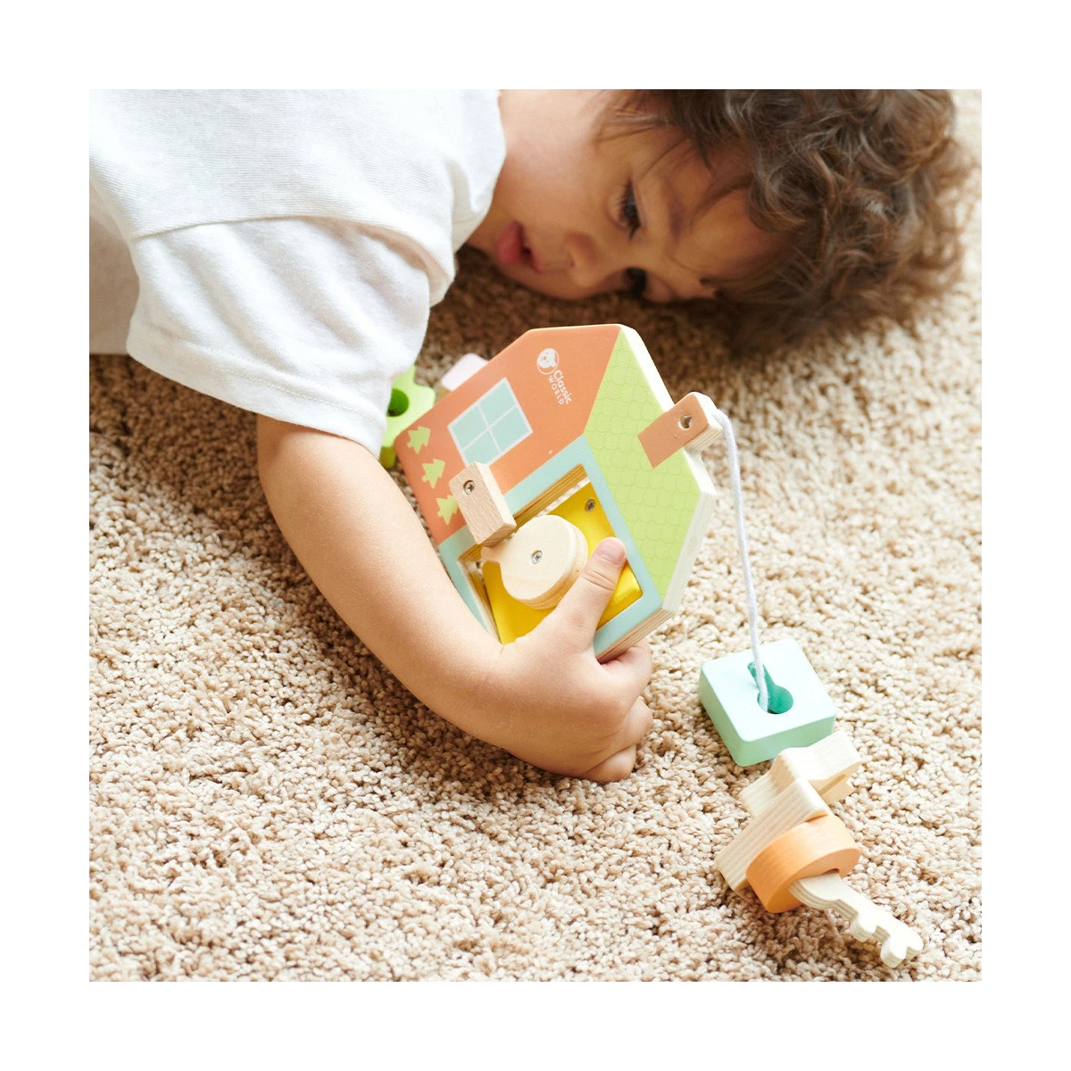 CLASSIC WORLD Drewniana Przeplatanka Klocki do Nawlekania Klucze i Drzwi MONTESSORI 11 el. | Pan Piksel
