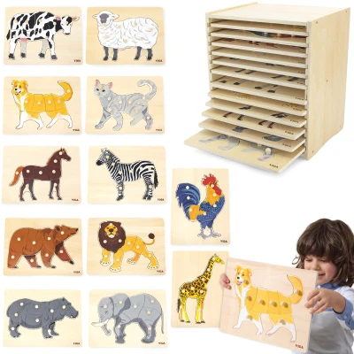 VIGA Zestaw Puzzle Drewniane 12 Układanek Zwierzątka Montessori + Stojak | Pan Piksel