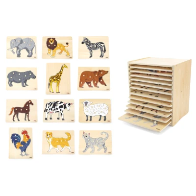 VIGA Zestaw Puzzle Drewniane 12 Układanek Zwierzątka Montessori + Stojak | Pan Piksel