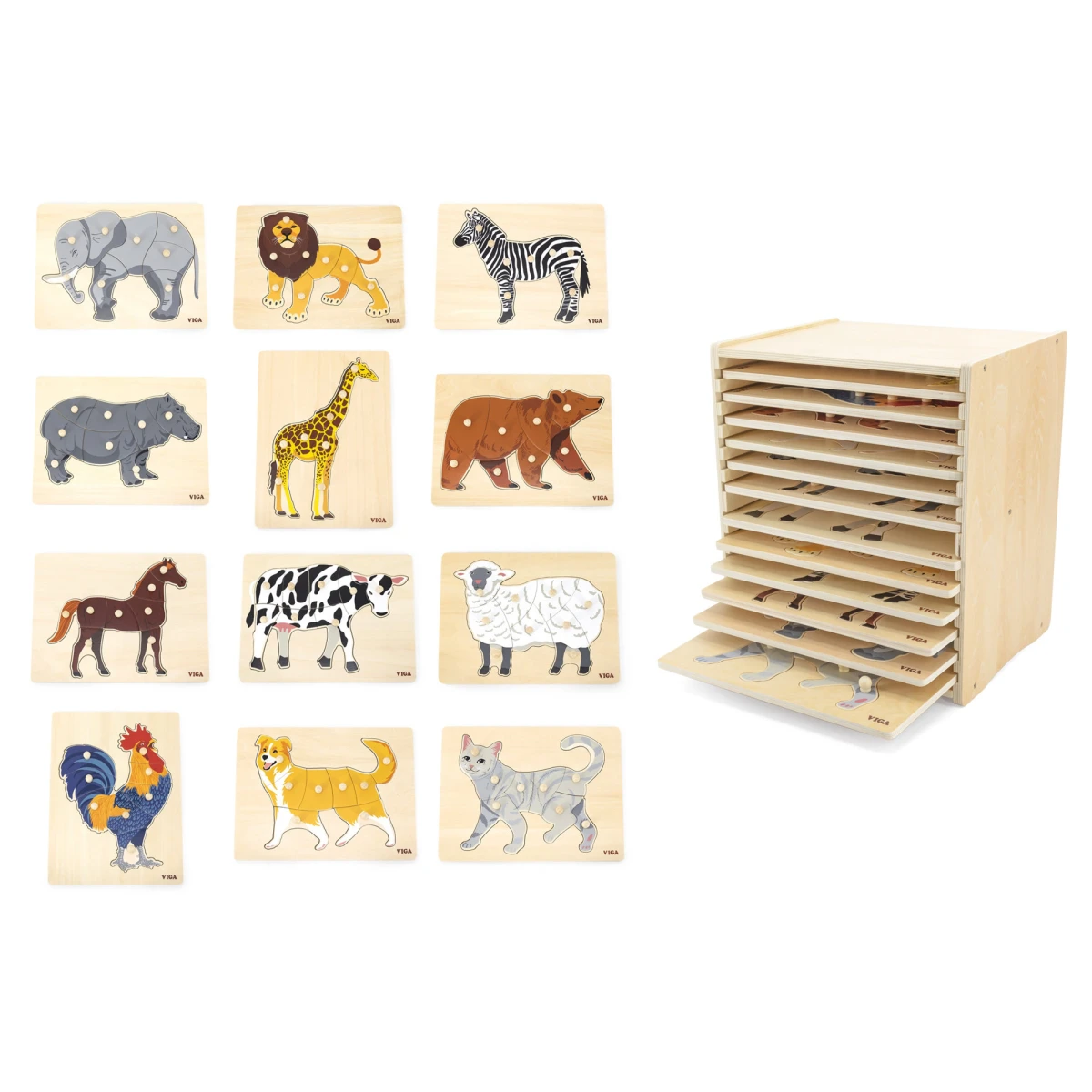 VIGA Zestaw Puzzle Drewniane 12 Układanek Zwierzątka Montessori + Stojak | Pan Piksel