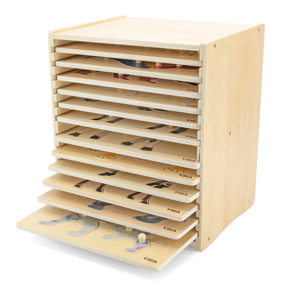 VIGA Zestaw Puzzle Drewniane 12 Układanek Zwierzątka Montessori + Stojak | Pan Piksel