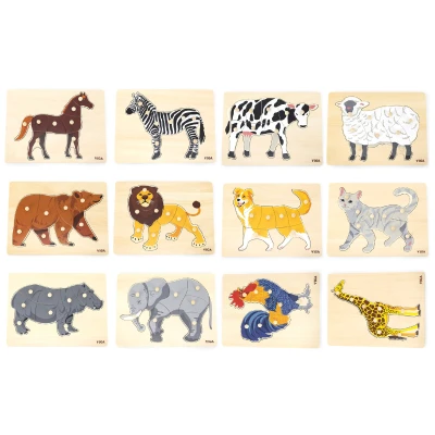 VIGA Zestaw Puzzle Drewniane 12 Układanek Zwierzątka Montessori + Stojak | Pan Piksel