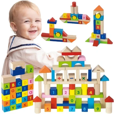 VIGA Klocki Drewniane Edukacyjne 100 elem. Cyferki Literki | Pan Piksel