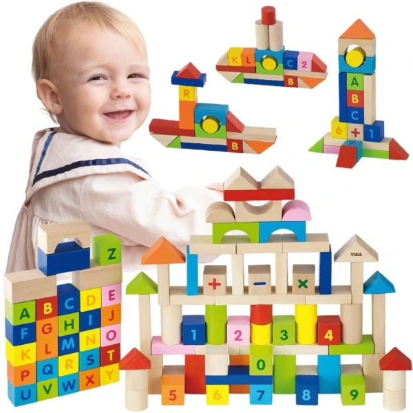 VIGA Klocki Drewniane Edukacyjne 100 elem. Cyferki Literki | Pan Piksel