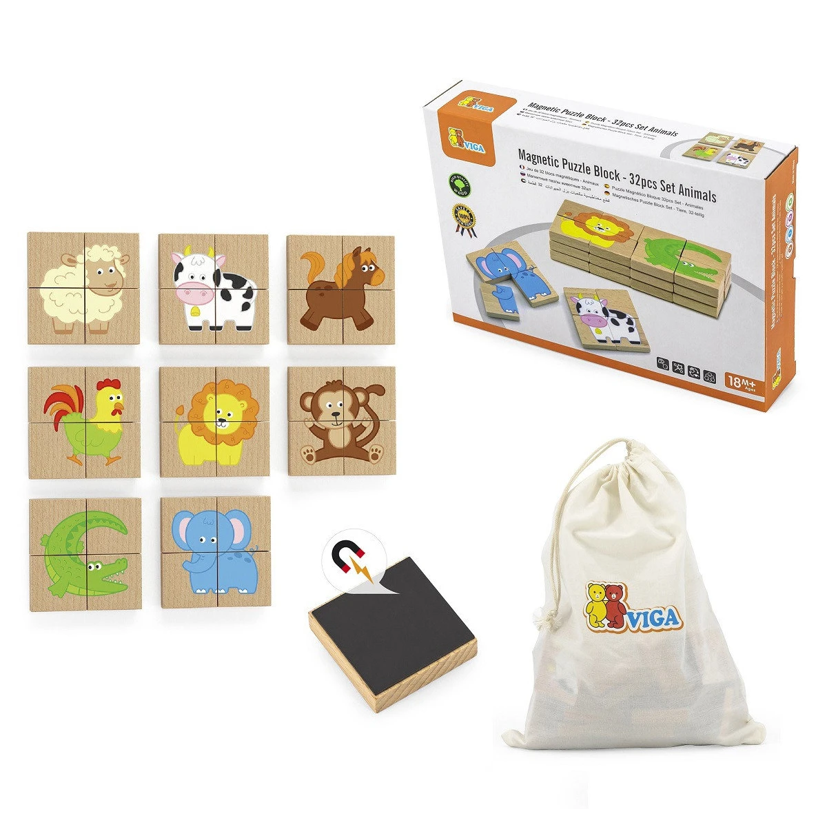 VIGA Drewniane Puzzle Magnetyczne Zwierzęta Układanka Certyfikat FSC | Pan Piksel