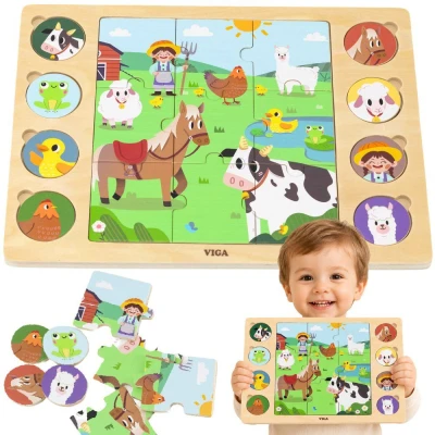 VIGA Drewniane Puzzle Odgadnij Po Cieniu - Farma Układanka 17 el. | Pan Piksel