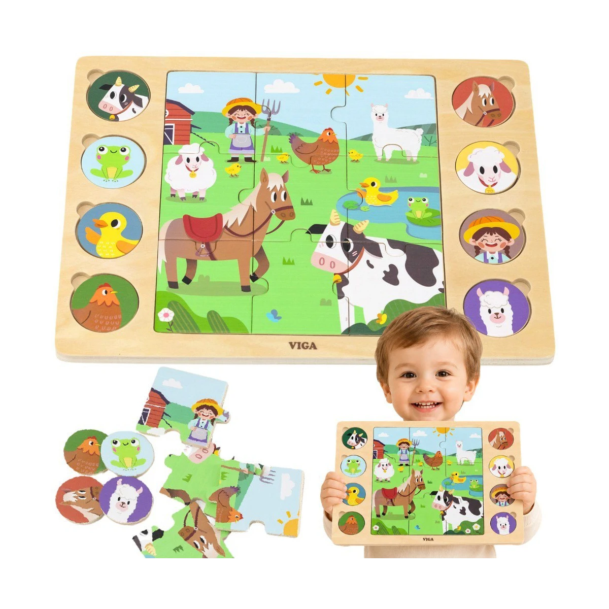 VIGA Drewniane Puzzle Odgadnij Po Cieniu - Farma Układanka 17 el. | Pan Piksel