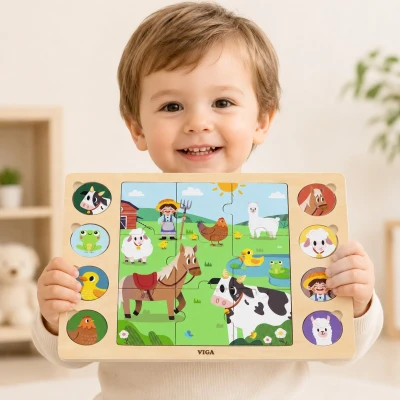 VIGA Drewniane Puzzle Odgadnij Po Cieniu - Farma Układanka 17 el. | Pan Piksel