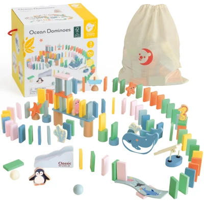 CLASSIC WORLD Drewniane Domino Tor Logiczny Przeszkód Układanka Montessori 100 el. | Pan Piksel