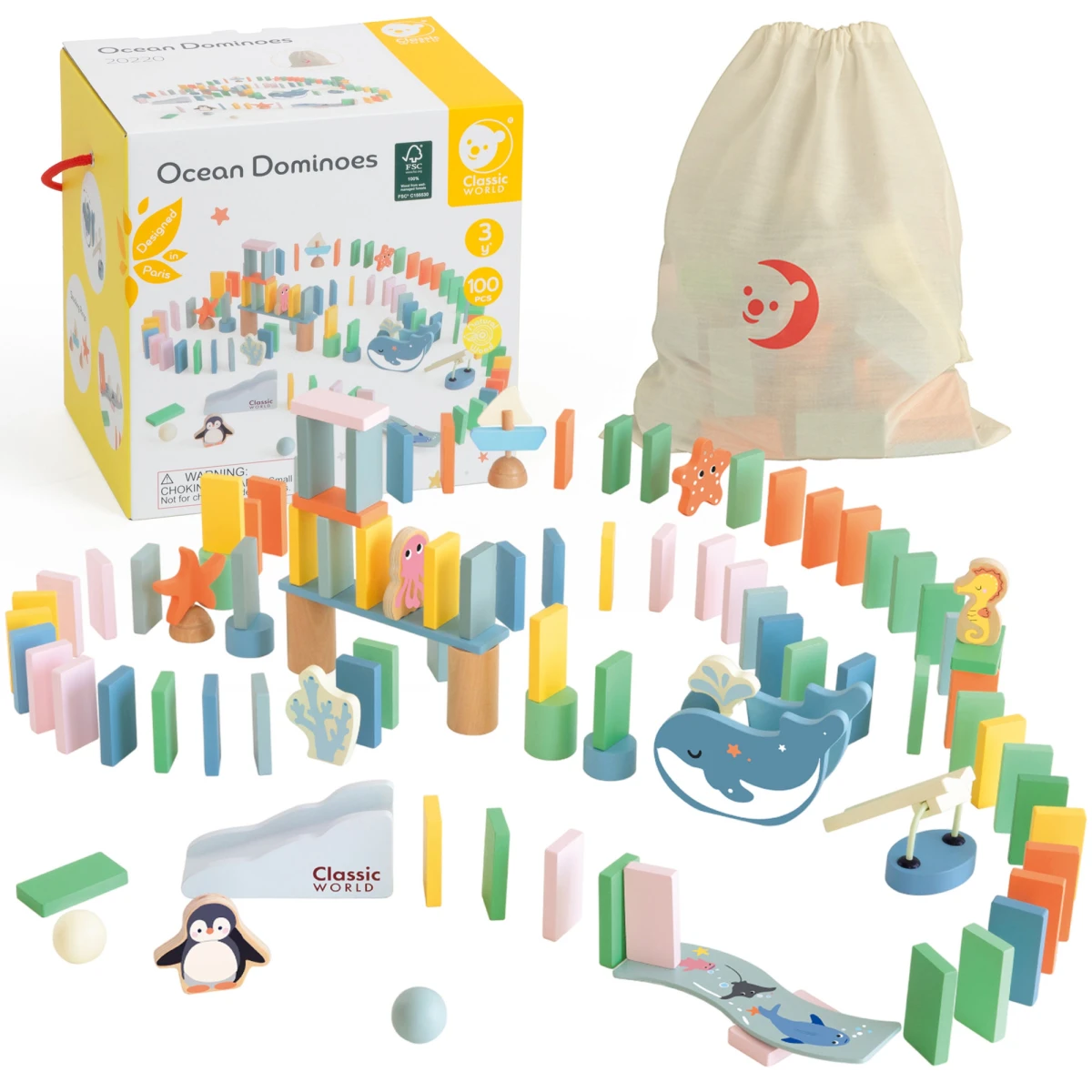 CLASSIC WORLD Drewniane Domino Tor Logiczny Przeszkód Układanka Montessori 100 el. | Pan Piksel
