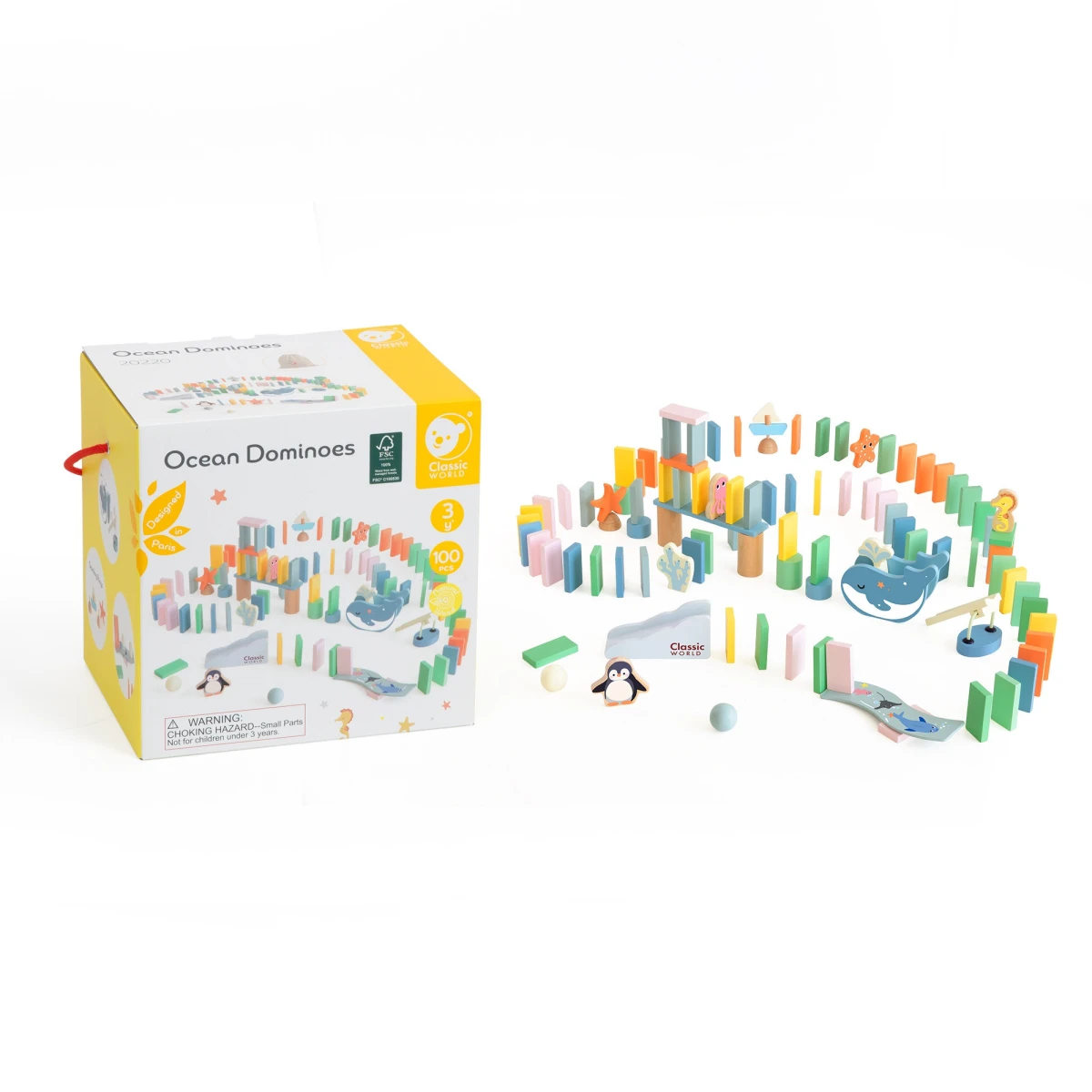 CLASSIC WORLD Drewniane Domino Tor Logiczny Przeszkód Układanka Montessori 100 el. | Pan Piksel