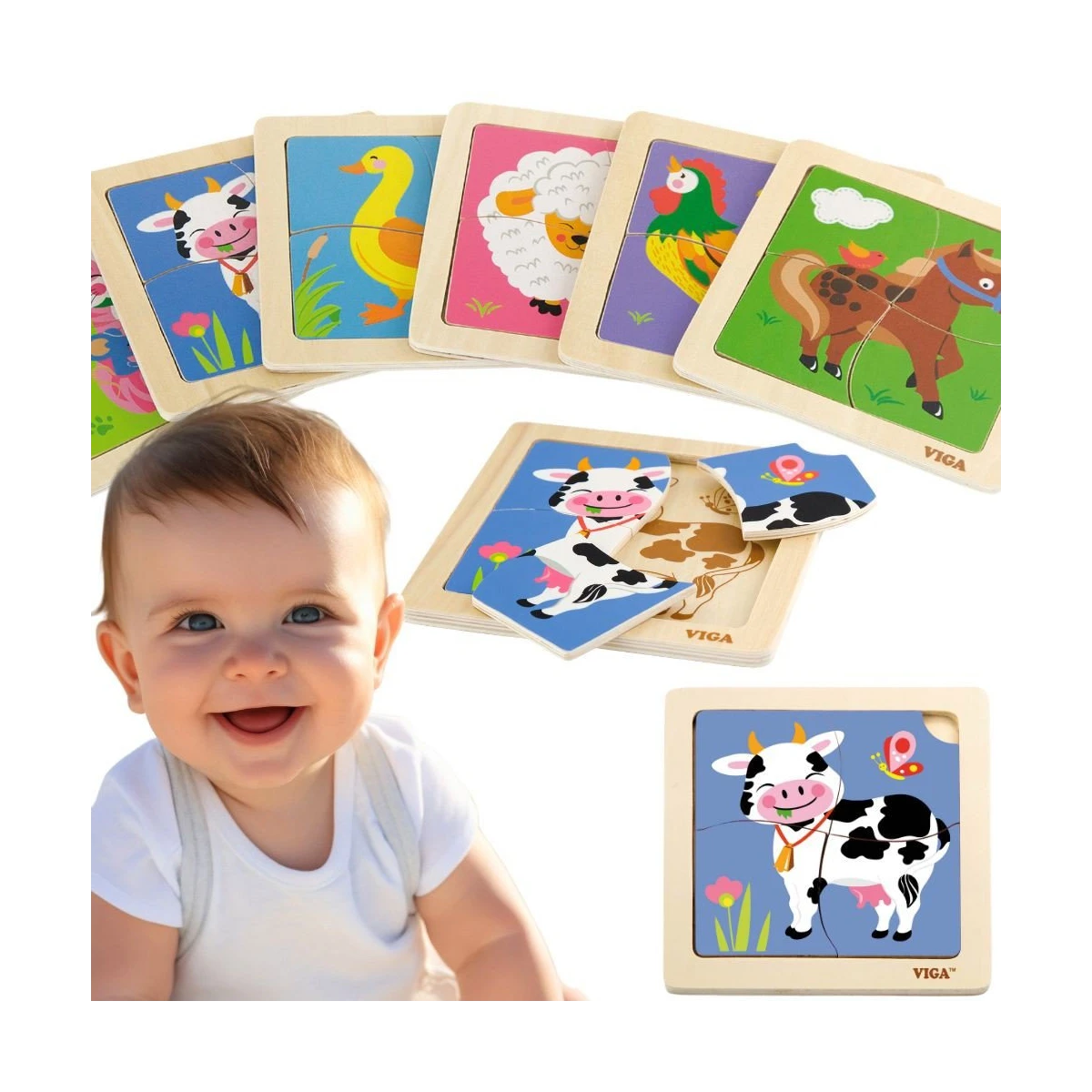 VIGA Poręczne Drewniane Puzzle Krówka | Pan Piksel