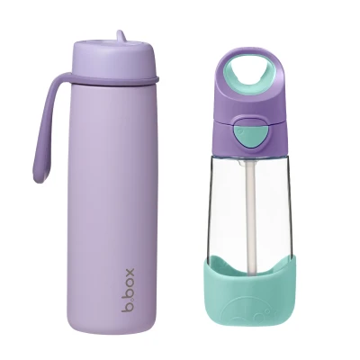 B.BOX Zestaw Hydro Team butelka termiczna 690 ml Lilac Love + butelka na wodę ze słomką tritanowa 450 ml Lilac Pop b.box