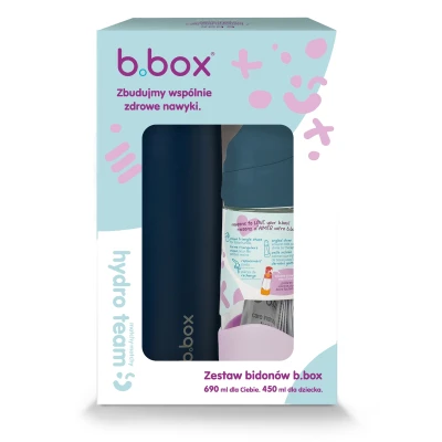 B.BOX Zestaw Hydro Team butelka termiczna 690 ml Midnight + butelka na wodę ze słomką tritanowa 450 ml Indigo Rose b.box