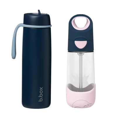 B.BOX Zestaw Hydro Team butelka termiczna 690 ml Midnight + butelka na wodę ze słomką tritanowa 450 ml Indigo Rose b.box