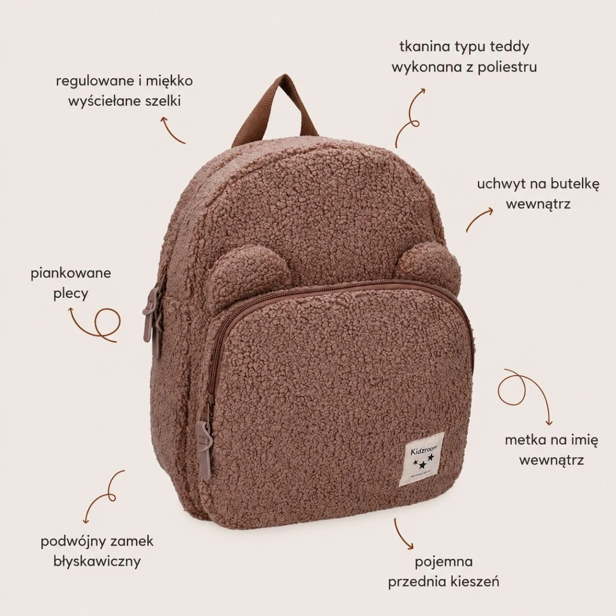 KIDZROOM Plecak dla dzieci Beary Excited Brown