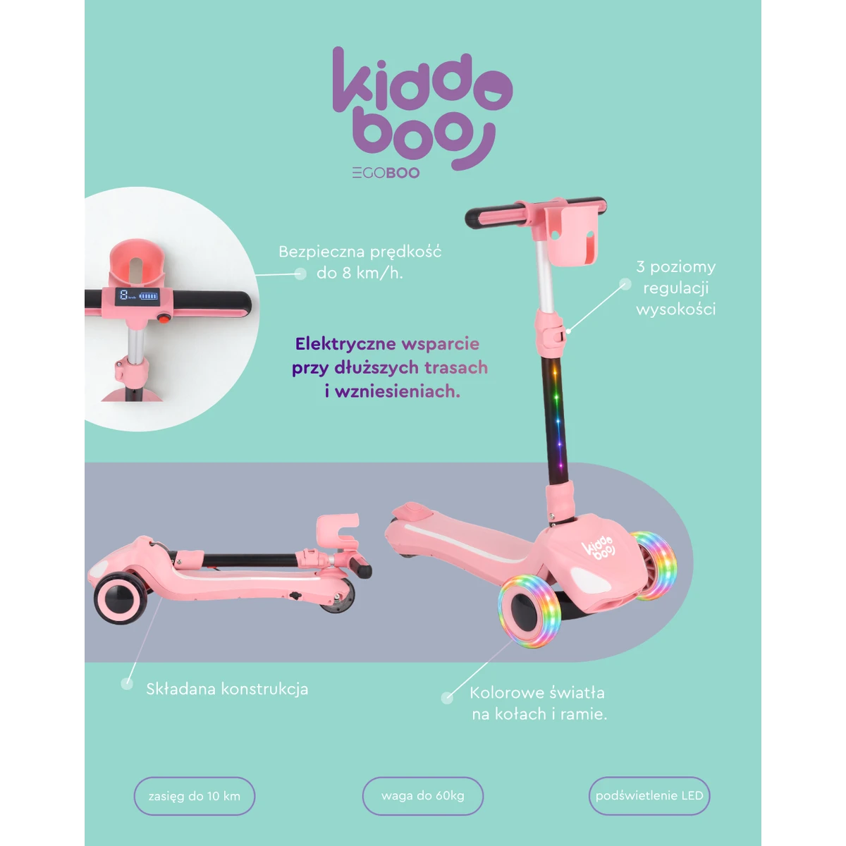 KiddobooTrecyclo Hulajnoga Elektryczna 3-kołowa dla Dzieci 3+ Pink