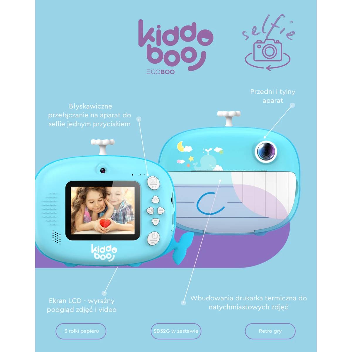Kiddoboo FotoFun 2 aparat z drukarką termiczną i selfie + karta 32GB Blue