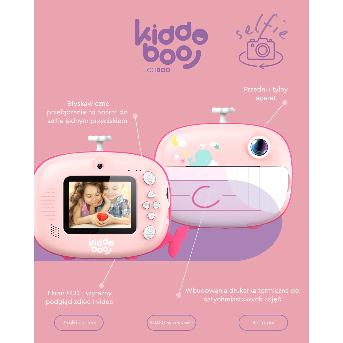 Kiddoboo FotoFun 2 aparat z drukarką termiczną i selfie + karta 32GB Pink