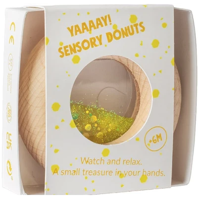 Petit Boum Drewniana zabawka sensoryczna do rączki Donut Calm Żółty 6m+