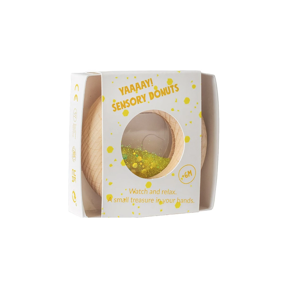 Petit Boum Drewniana zabawka sensoryczna do rączki Donut Calm Żółty 6m+