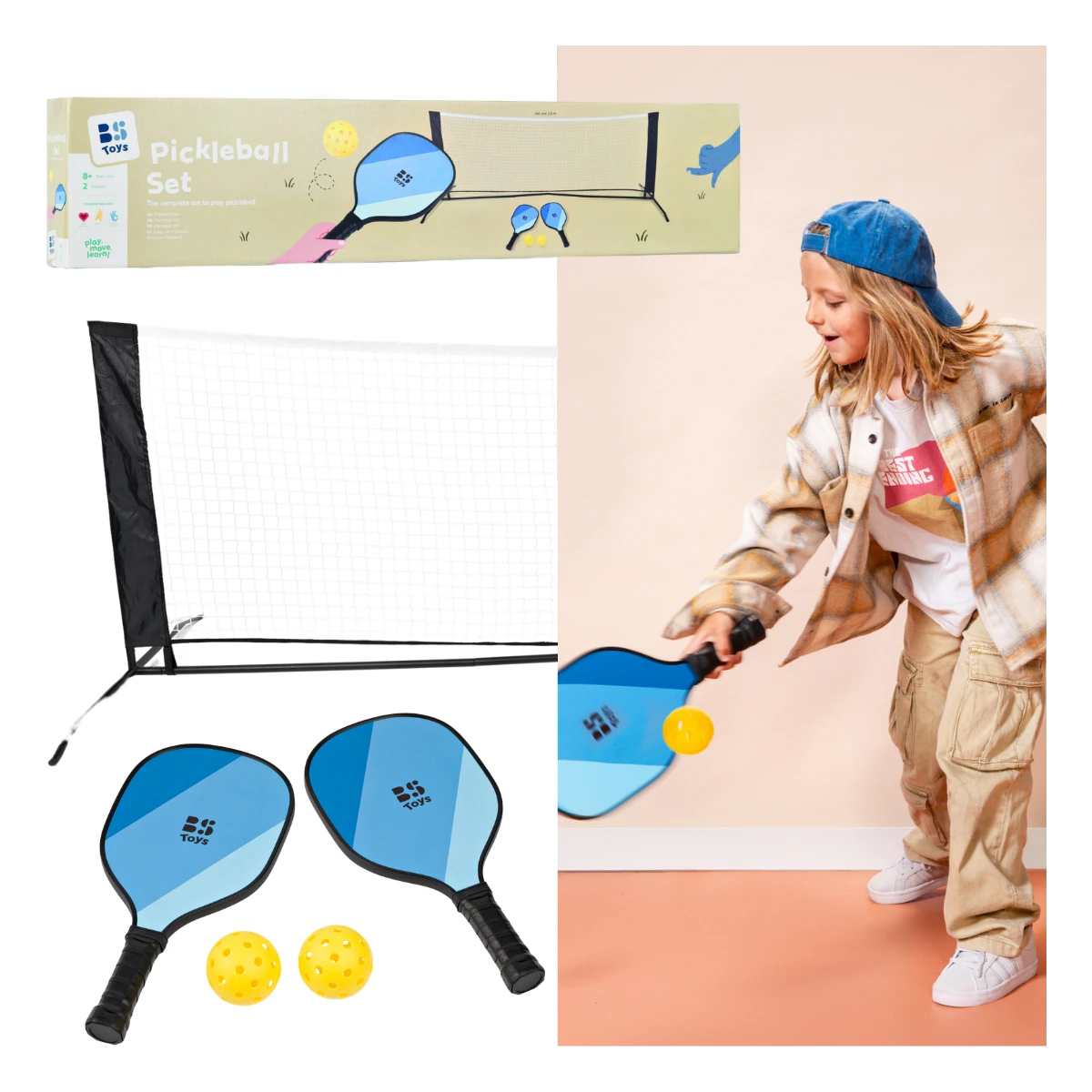 BS Toys Zestaw do Pickleballa dla Dzieci i Dorosłych – 2 Rakietki Drewniane + Siatka + Piłki + Torba | FSC® | wiek 8+